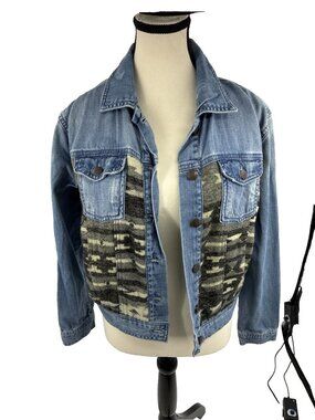 Forever 21 Womens Denim Jacket Aztec Tribal Knit Panel Jean Jacket S